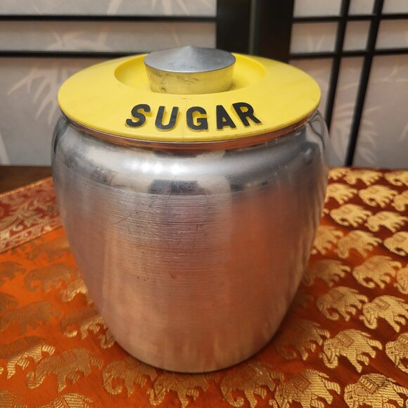 KROMEX Spun Aluminum Canister Set w/Yellow Lids Coffee Sugar - Picture 2 of 16